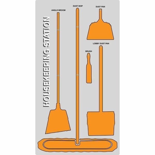 5S Housekeeping Shadow Board Broom Station Version 4 - Gray Board / Orange Shadows  With Broom, 5S Supplies, Mfr#: HSB-V4-GRAY/ORANGE-KIT